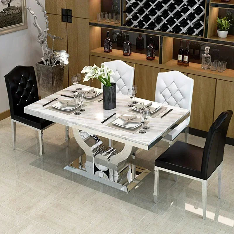 Marble Dining Table Set Rectangular 6 Chairs — Warm Gold | KIMLUD