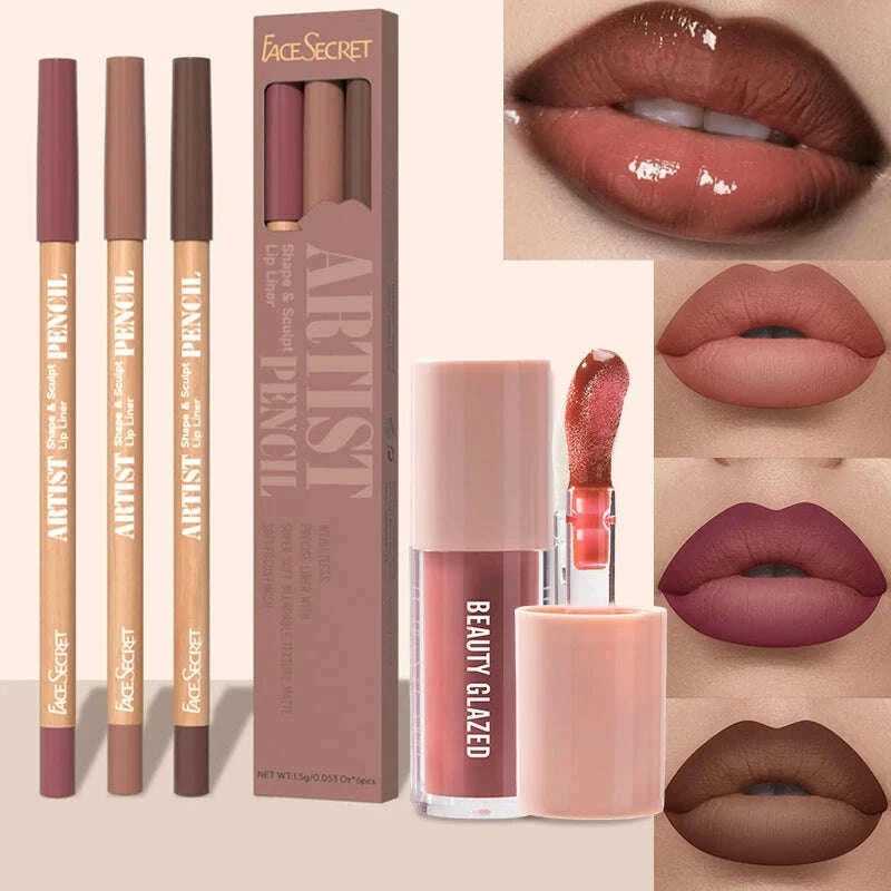 face-secret-4pcssetmoisturizing-fresh-lightweight-plumping-lip-gloss-with-brown-lipliner-set-non-sticky-liquid-lipstick-makeup-kimlud-kimlud-33919092