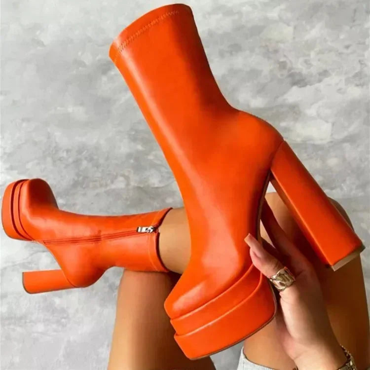 Winter Chunky High Heels Ankle Shoes for Women Punk Style Zipper Thick Platform Elasticity Microfiber Boots Botines Mujer 204