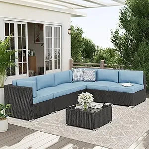 Rattan Outdoor Sofa Set 7-Piece With Glass Top Table — Red | KIMLUD