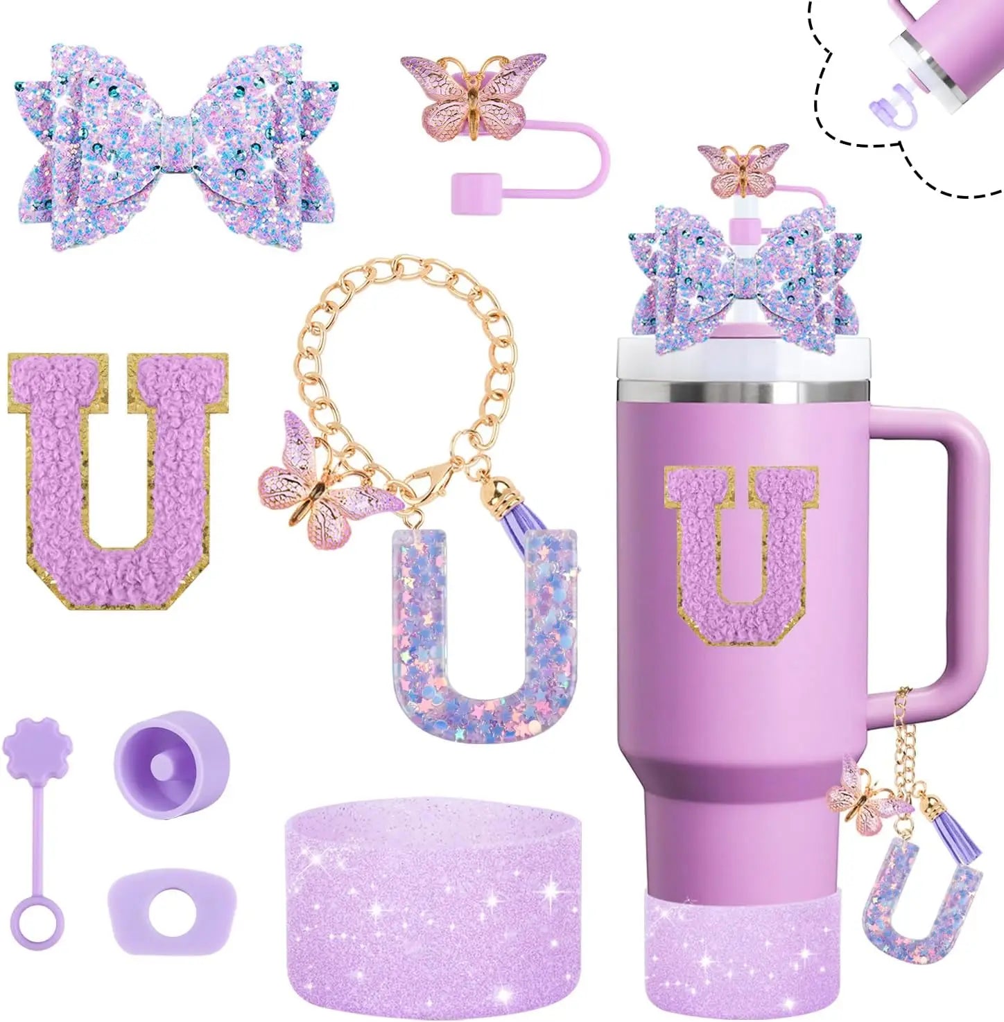 8pcs Cup Accessories Set for Stanley Cup 30oz 40oz tumbler Straw Topper Cover, Boot, Spill Proof Stoppers, Handle Charms Sticker