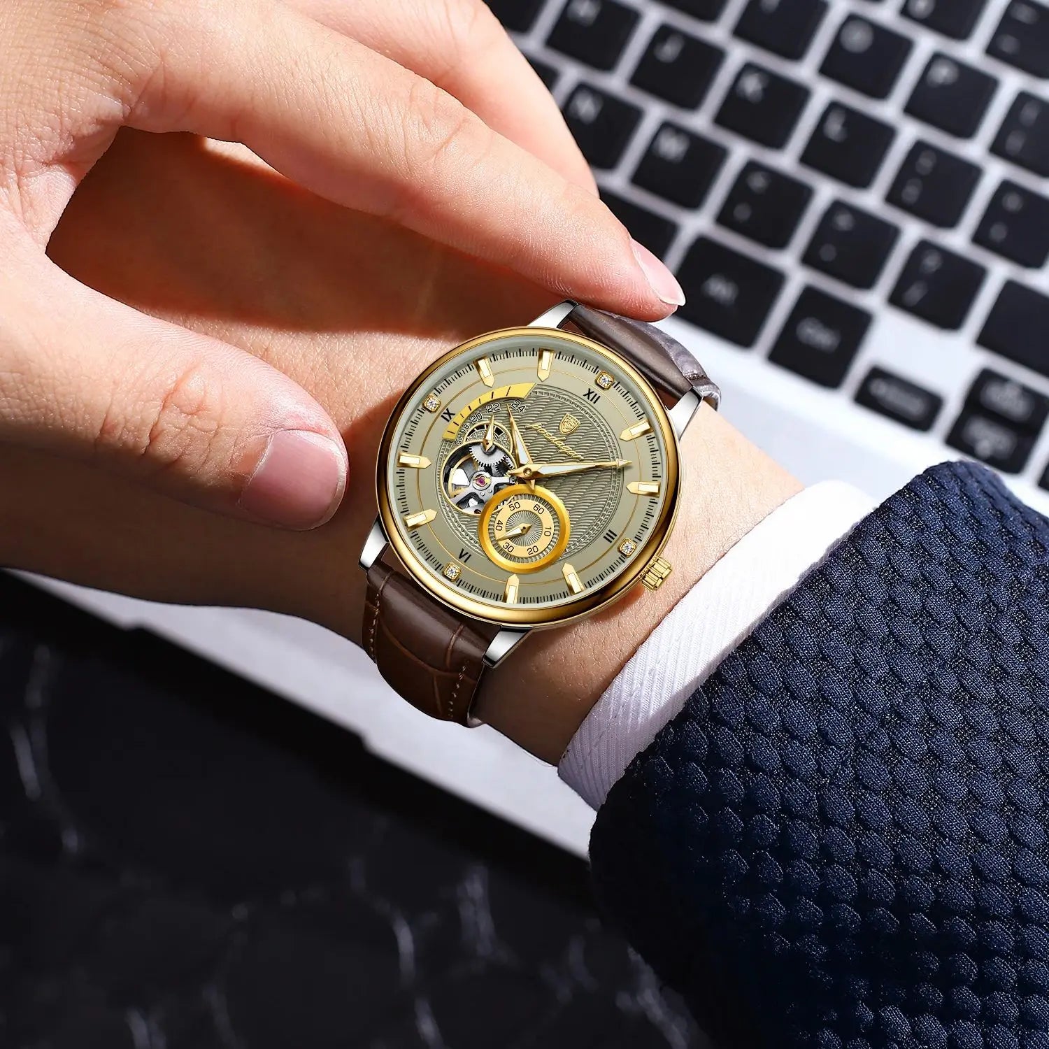 POEDAGAR Sports Luxury Men Clock Waterproof Luminous Man Watch Hollow Tourbillon Automatic Mechanical Leather Men's Watches Male