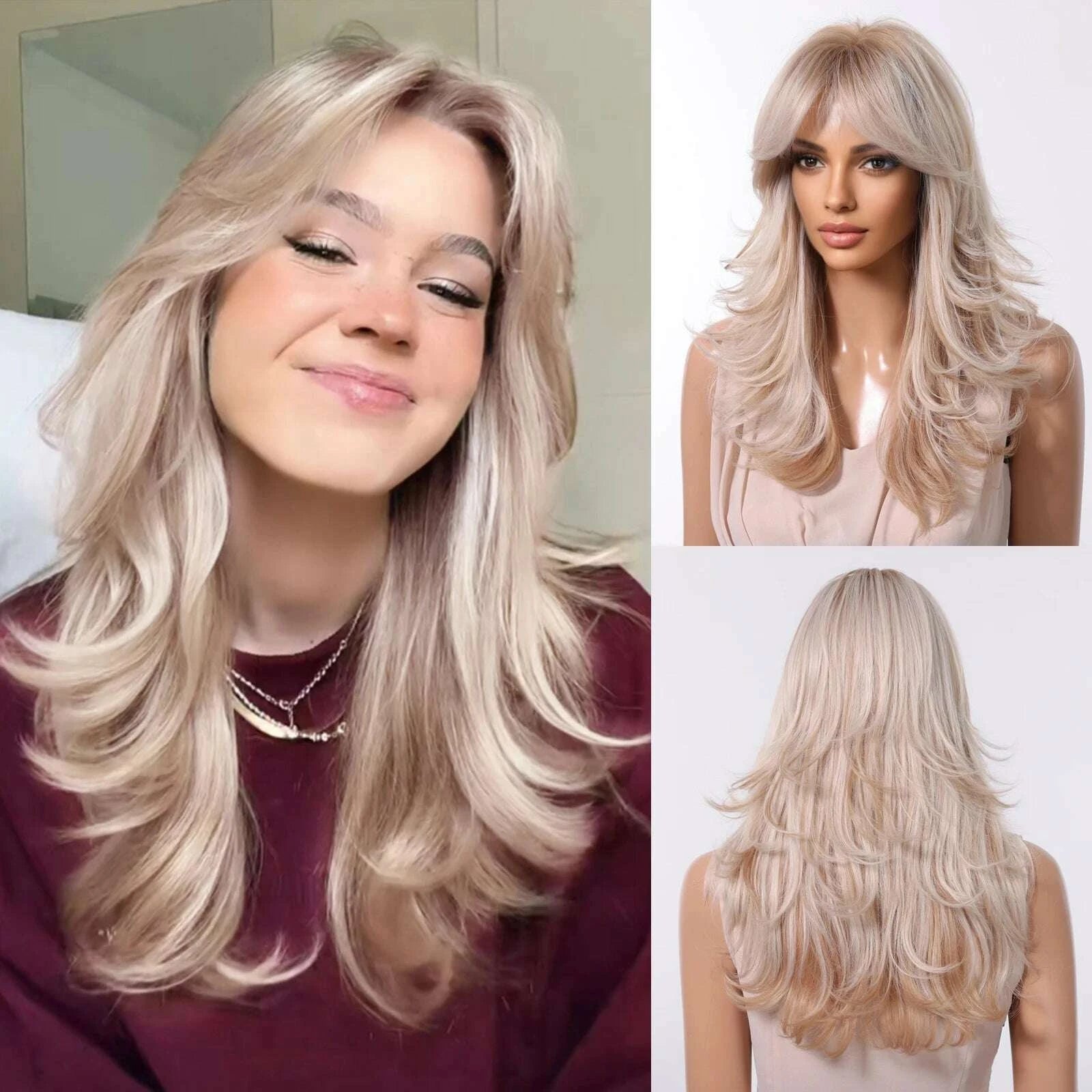 KIMLUD, Golden Blonde Mixed Synthetic Wig Dark Root Wavy Hair With Side Bangs for Women Daily Party Cosplay wig Heat Resistant Fiber, KIMLUD Womens Clothes