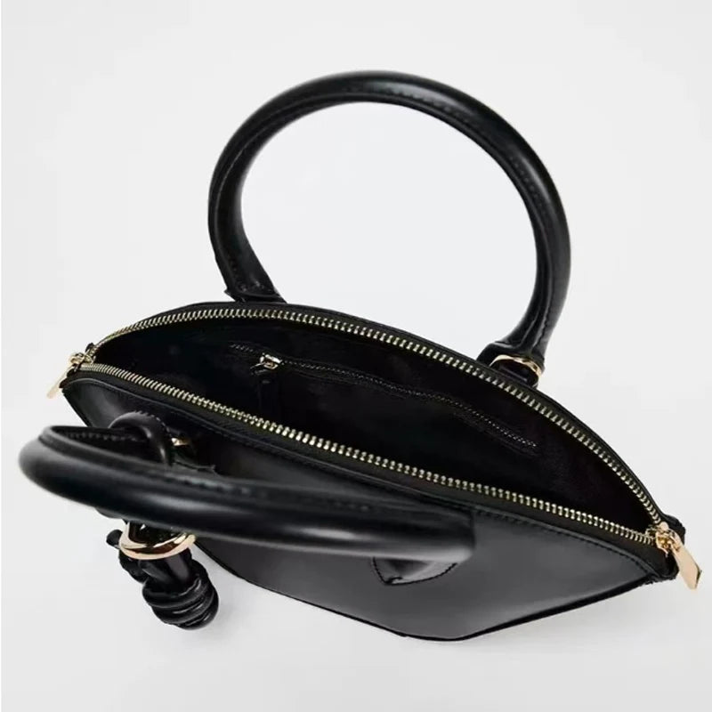 PU Leather Fan-Shaped Bucket Bag With Large Capacity And Appliques — Black | KIMLUD