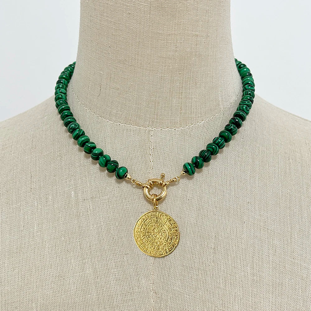 Malachite Coin Pendant Necklace Rope Knot — Green | KIMLUD