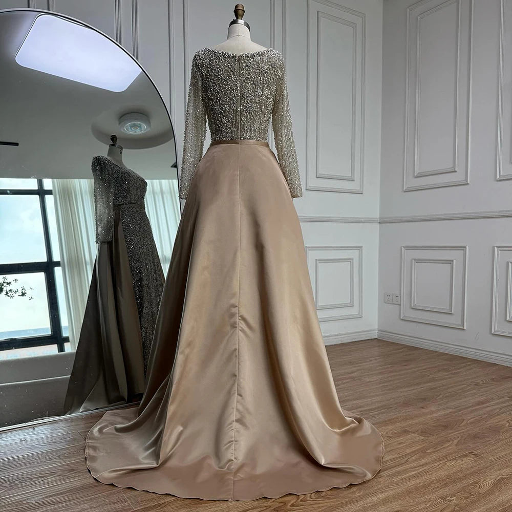 Mermaid Beaded Evening Gown With Overskirt And Built-In Bra In Luxe Beadwork — Caramel | KIMLUD