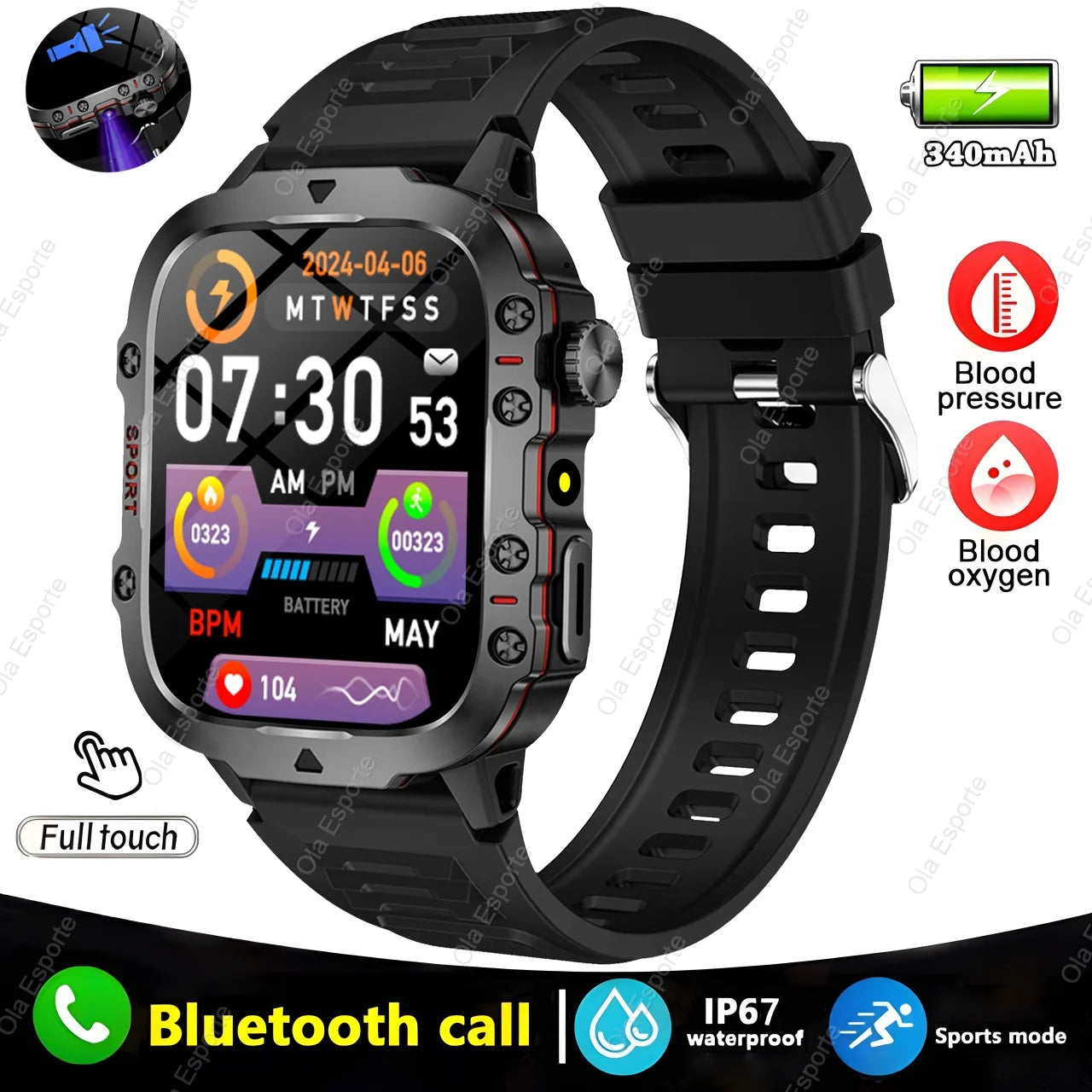 Rugged Military Fitness Smart Watch Men For Android IOS IP67 Waterproof Health Monitor Sport Ai Voice Calling Smartwatch Outdoor