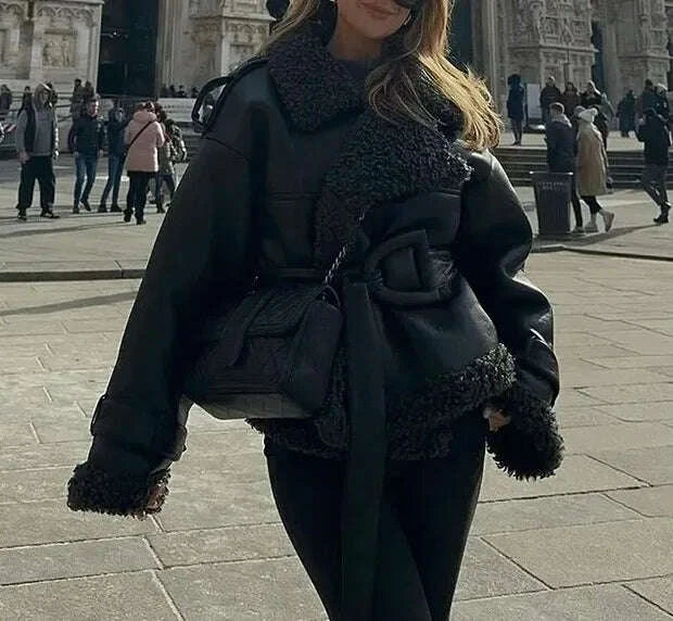 KIMLUD, Faux Fur Leather Long Jacket Women Lapel Long Sleeve Belt Thicken Female Coats Winter Fashion Street Patchwork Lady Outwear, KIMLUD Womens Clothes