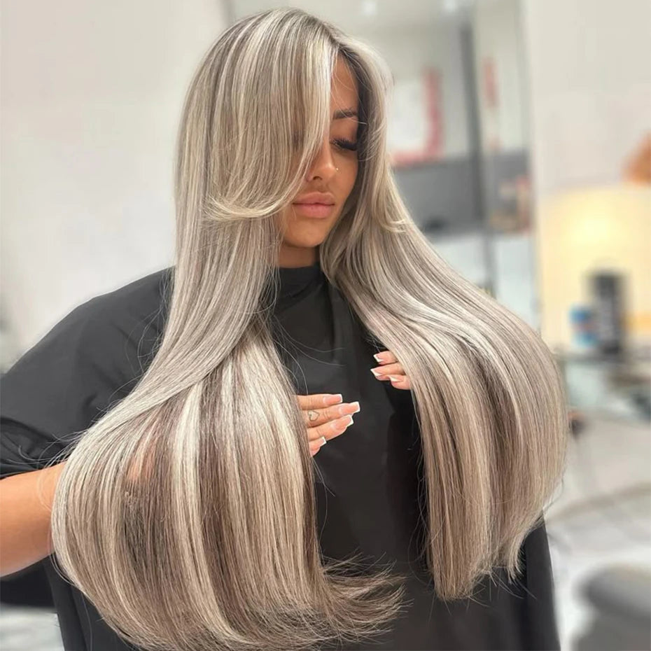 Ash Blonde Highlight Lace Frontal Wig Pre Plucked 13x6 Transparent Lace Front Human Hair Wigs For Women Bone Straight Lace Wigs