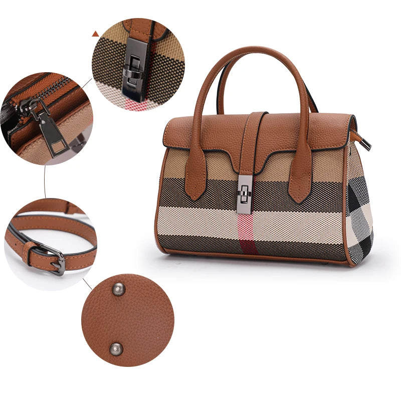 Canvas Patchwork Plaid Shoulder Bag Large Capacity — Tan | KIMLUD