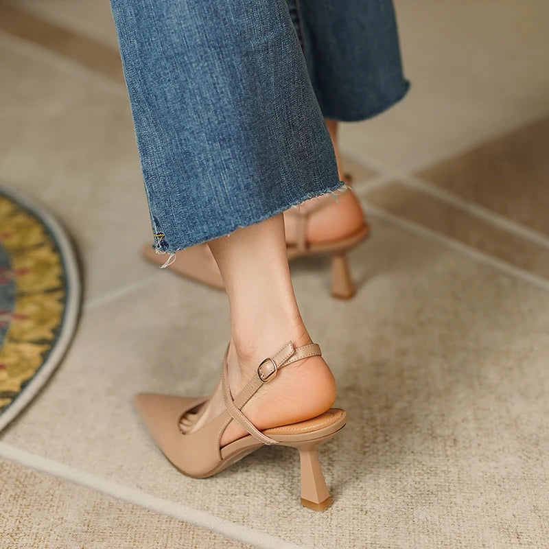 Genuine Leather Slingback Shoes Pointed Toe High Heels — Black | KIMLUD