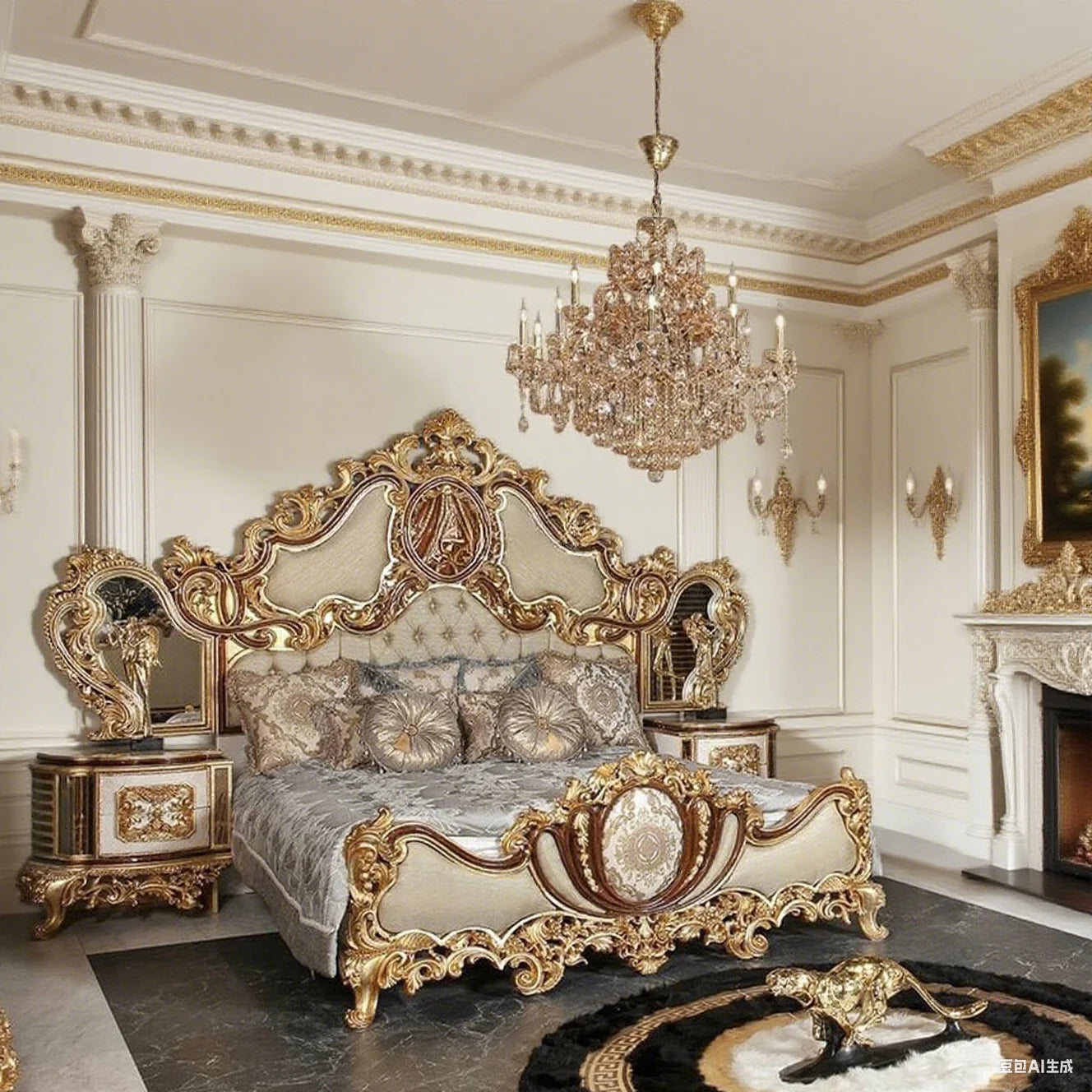 Elegant Hand Carving Design Vintage Gold Wooden King Queen Bed Classical Fabric Upholstered Luxury Bedroom Furniture