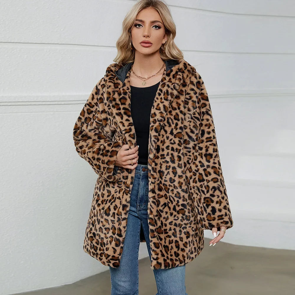 ZXRYXGS 2025 New Fashion Autumn Winter Coats Loose Medium Length Jackets Leopard Print Imitation Fur Coat Women's Clothing Tide