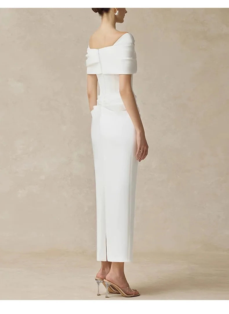 Bodycon Dress High-Waist Off-Shoulder Short Sleeves — White | KIMLUD