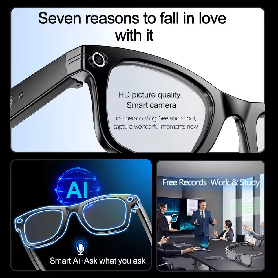 Black-Frame Smart Glasses Color-Changing Lenses AI Translator 720P Video — Black | KIMLUD