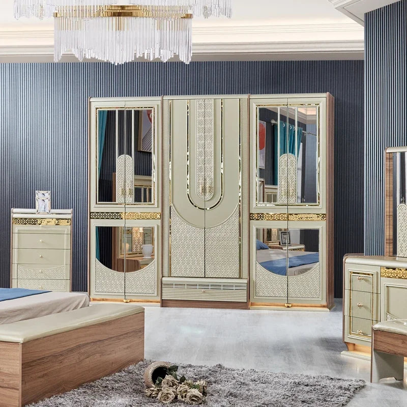 Gold Wood Double Leather King Size Bed Meuble De Chambre a Coucher Complet Wooden Modern Home Full Bedroom Furniture Set