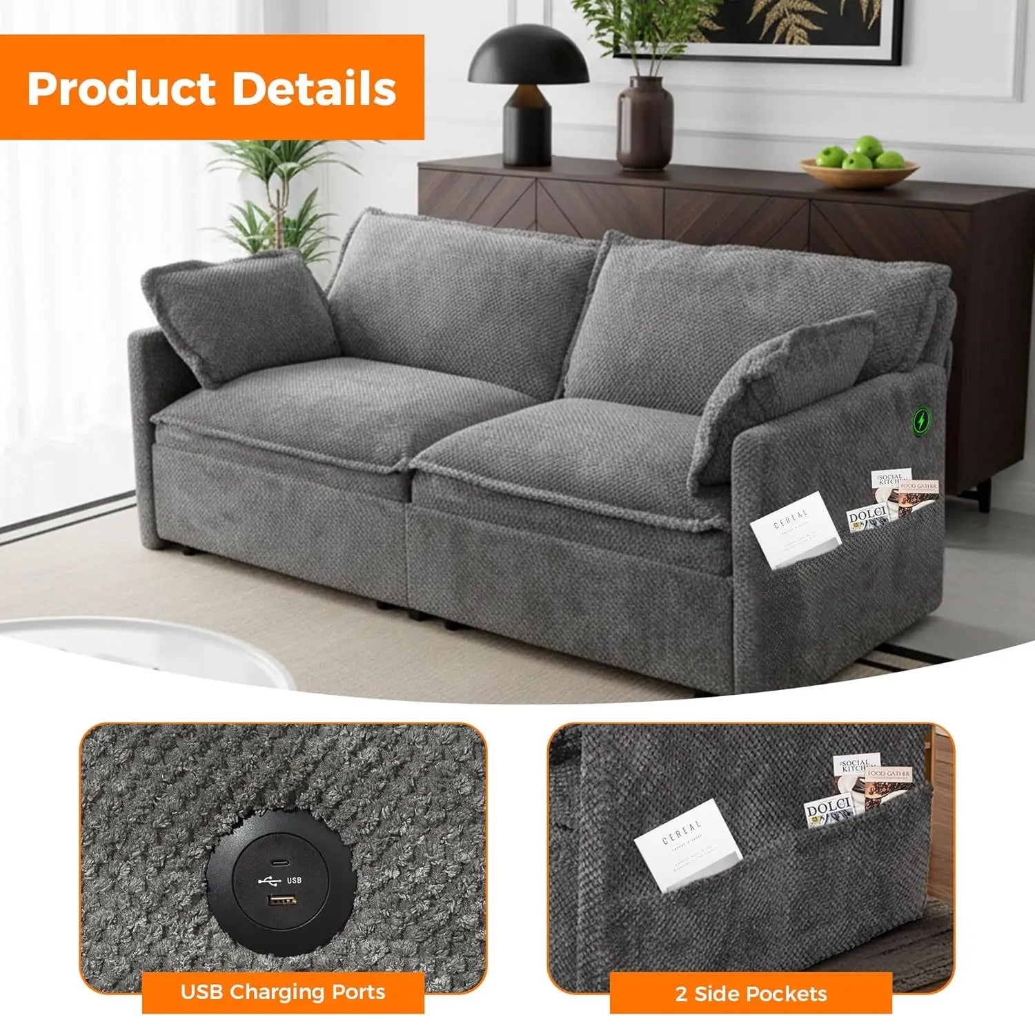 Corduroy Convertible Sofa Bed 3-in-1 — Grey | KIMLUD