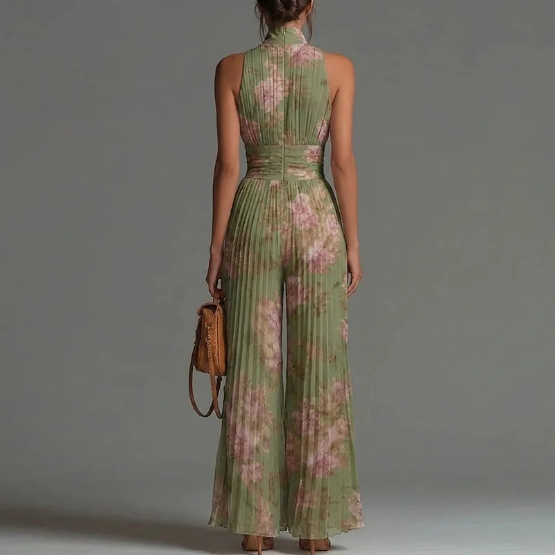 Chiffon Sleeveless Jumpsuit High Waist Pleated Wide Leg Solid — Ivory | KIMLUD