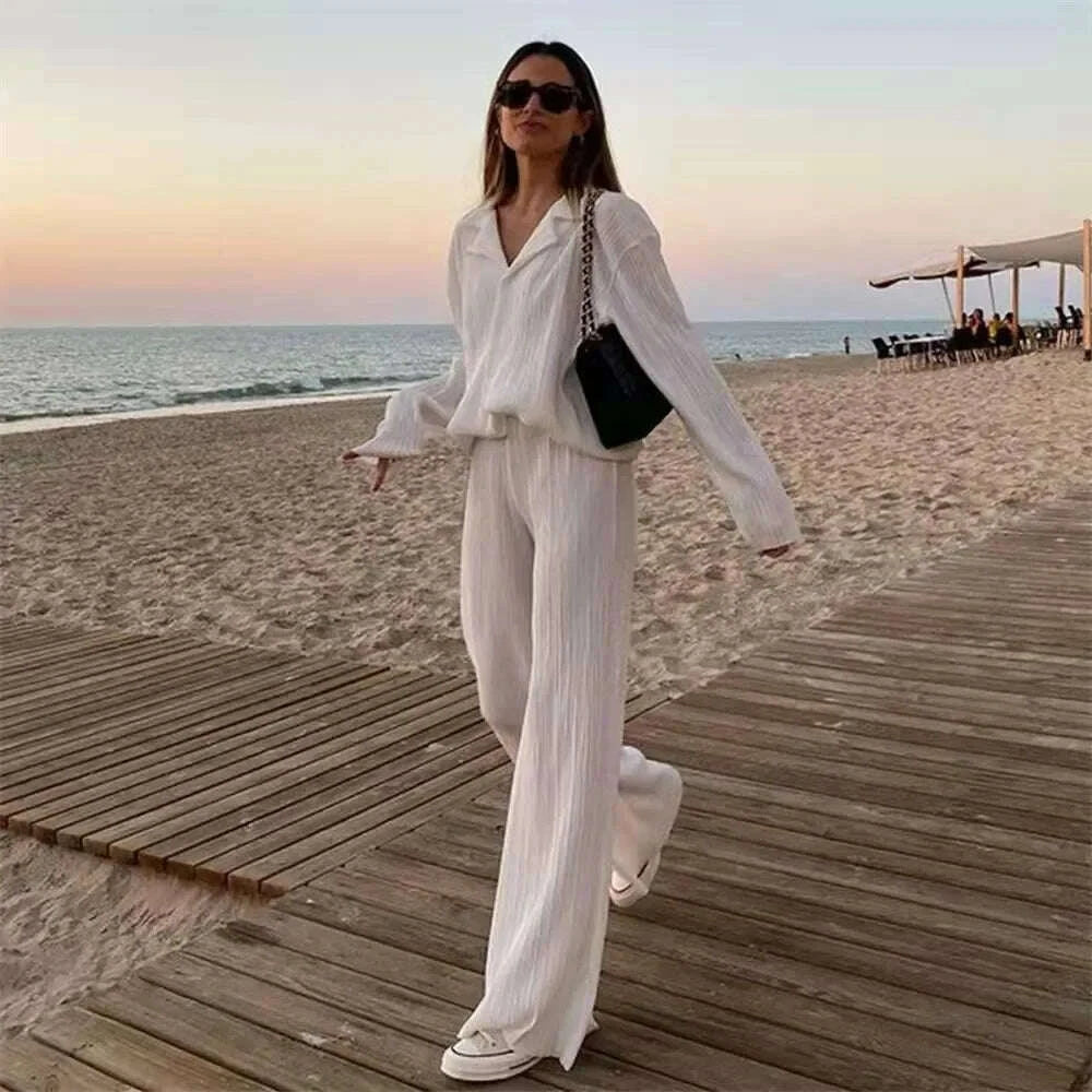 KIMLUD, 2023 Spring Summer Best Seller Solid Color Draped Loose Fit Smooth Pleated Women's Casual 2-Piece Set Stock Available, KIMLUD Womens Clothes
