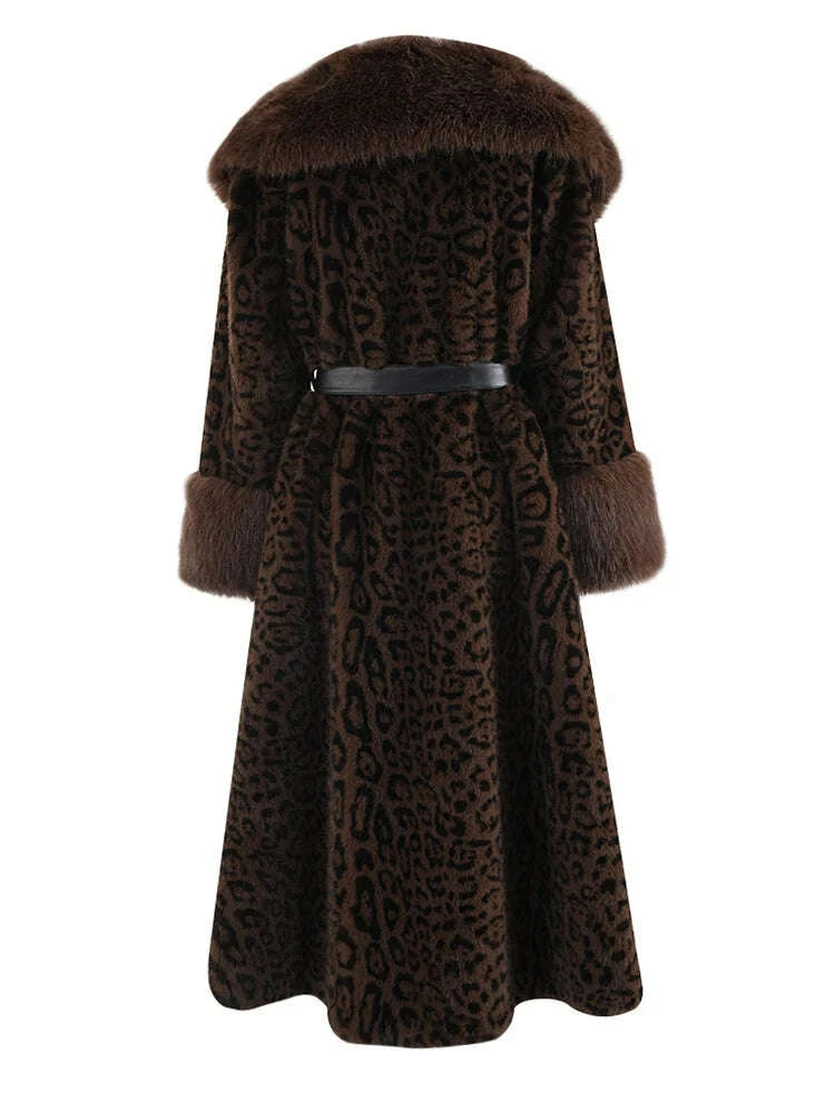 KIMLUD, ZMEENNA Brown Leoppard Print Big Size Long Faux Fur Jacket New Lapel Long Sleeve Women Coat Fashion Autumn Winter 2024 ZM593, KIMLUD Womens Clothes