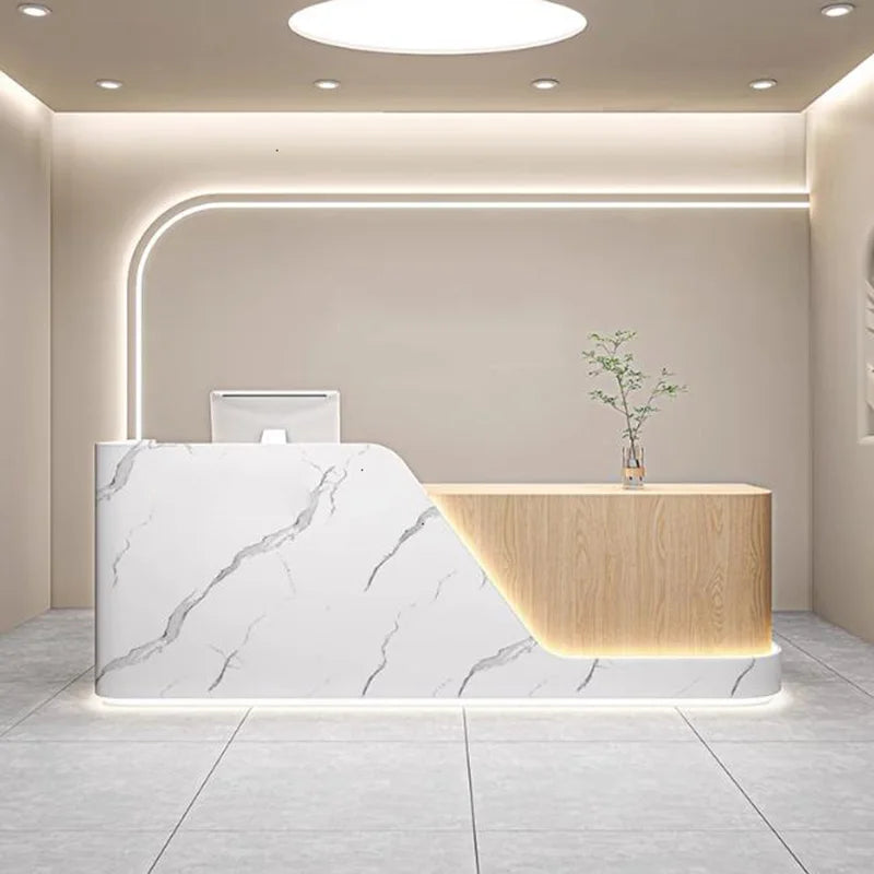 Curved Wood Reception Desk With LED Lights — White | KIMLUD