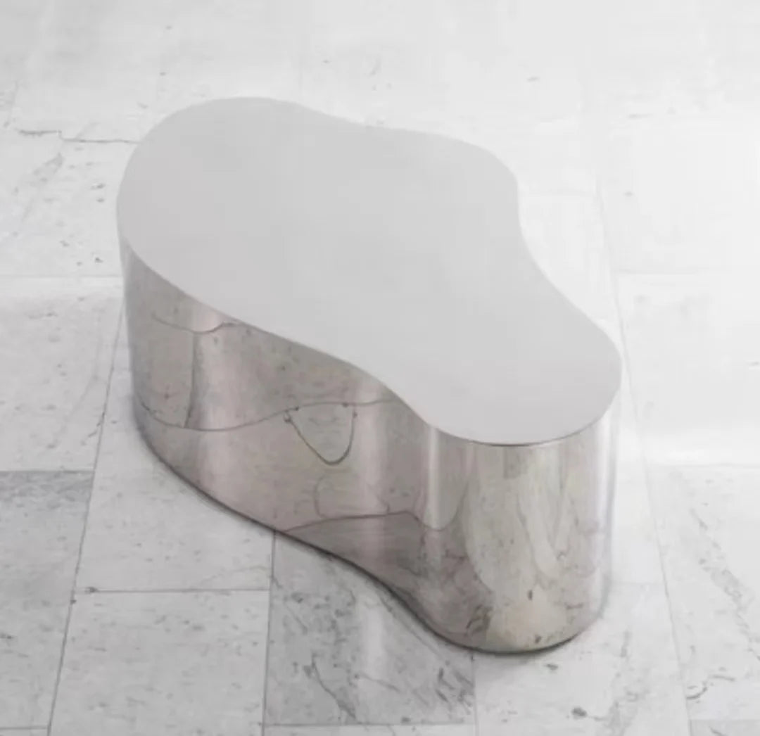 Industrial Metal Coffee Table Sculptural — Brushed Stainless Steel | KIMLUD