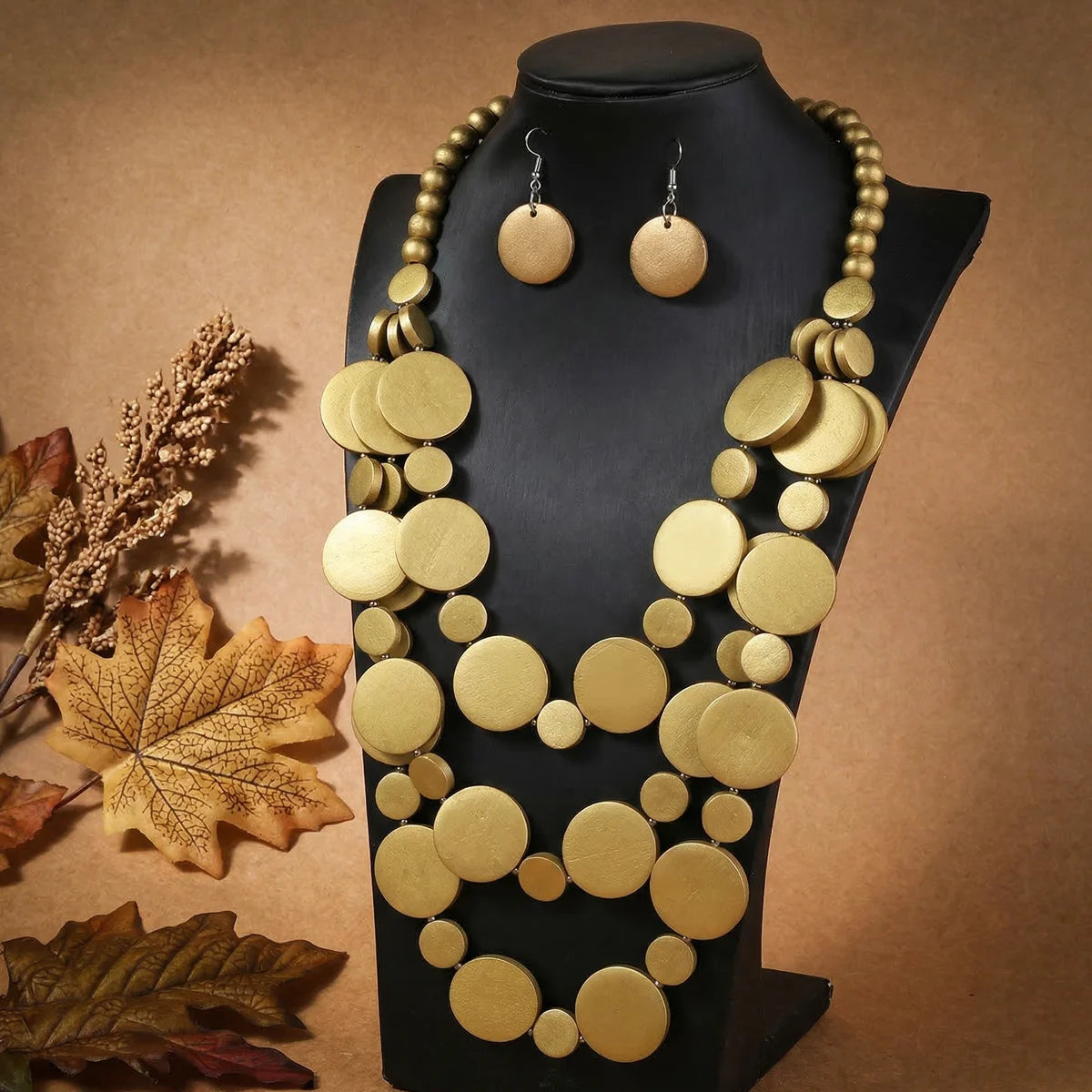 Statement Wooden Bead Solid Jewelry Set — Gold | KIMLUD