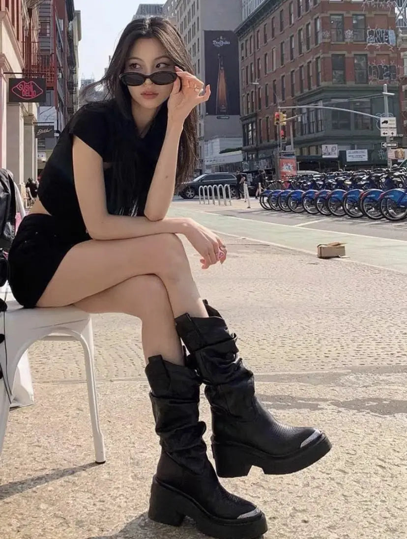 Genuine Leather Riding Boots Mid-Calf — Black | KIMLUD