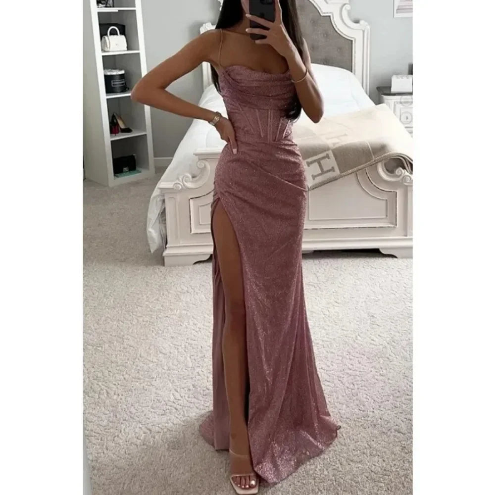 Women's S-XL size Party Fashion Suspender Dress with A Straight Neckline Sleeveless Solid Color Slim Fit Slit Casual Long Dress