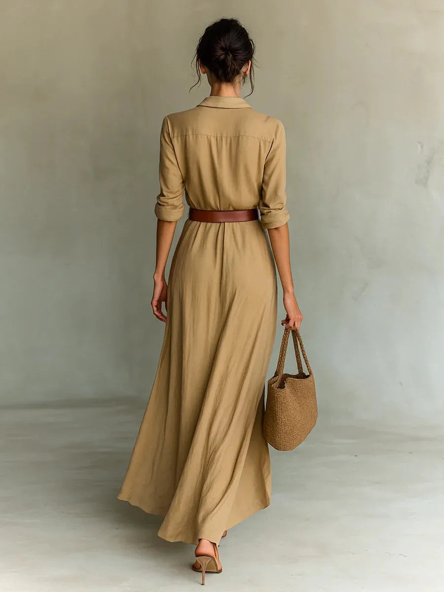 Elegant Solid Color Irregular Pleated Dress Belt Women's Autumn New Item Single Breasted Long Sleeved Shirt Long Frock Vestidos