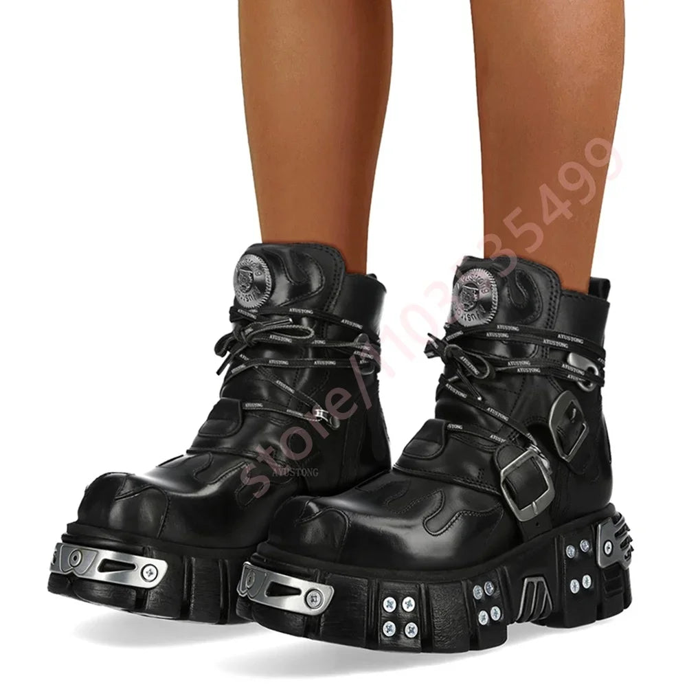 Ankle Boots - Metal Studded - Black Lace-Up Buckled Punk Rock | KIMLUD