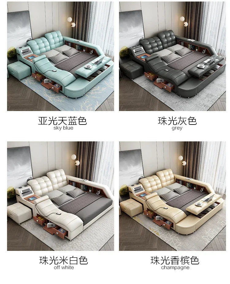 Genuine Leather Bed Tech Smart Multifunctional Massage, Bluetooth Speaker, Air Cleaner — White | KIMLUD
