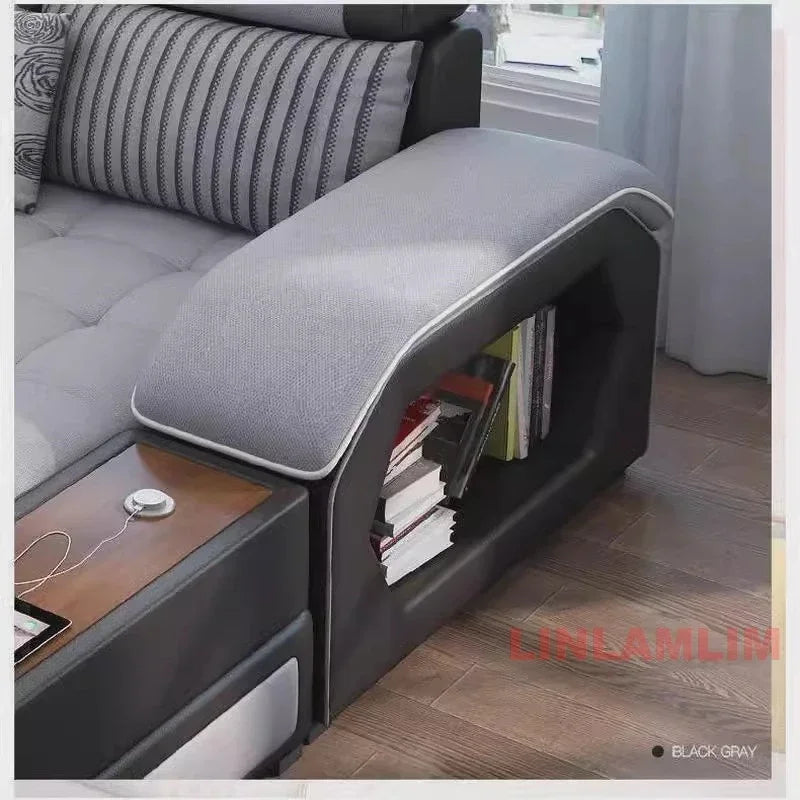 U-Shaped Sectional Fabric Sofa With Storage And Built-In Side Table — Gray | KIMLUD