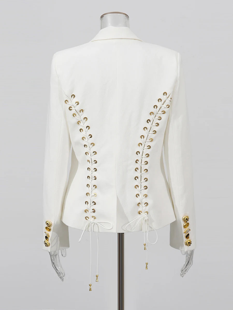 Cotton-Polyester Slimming Jacket With Lace-Up Patchwork — Black | KIMLUD