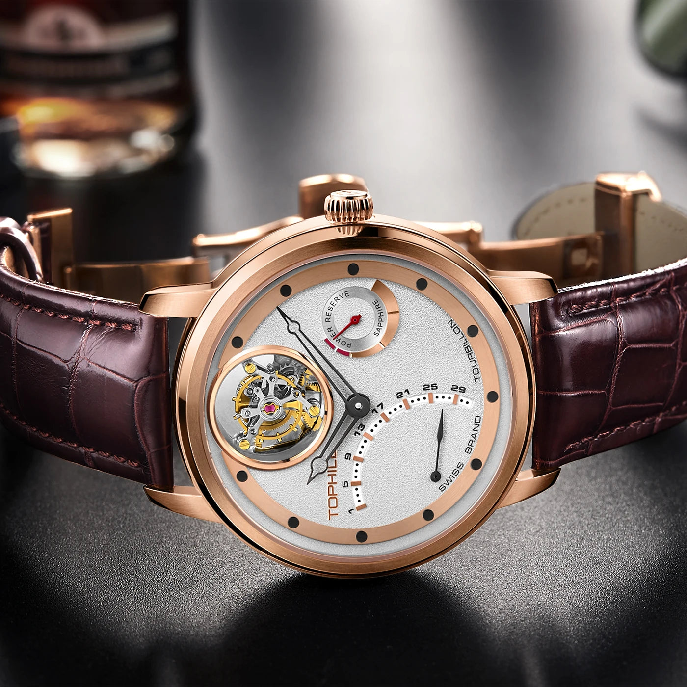Tourbillon Wristwatch Rose-Gold Tone Case Leather Strap — Burgundy | KIMLUD