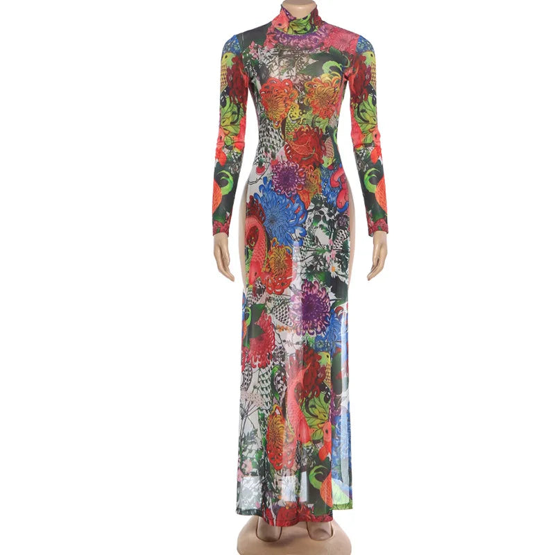 Mesh Maxi Top With High Collar Plant Print Open Split And Sheer Overlay — Black | KIMLUD