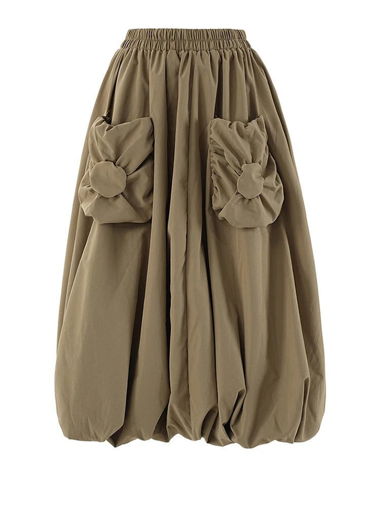 Skirt – High Elastic Waist – A-Line Silhouette – Khaki | KIMLUD