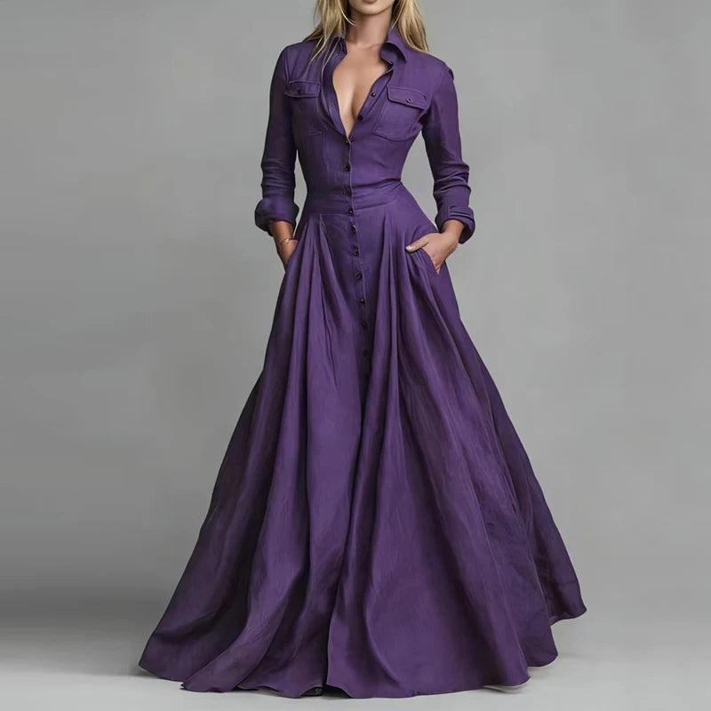 Casual Turn-down Collar Button Maxi Dress Woman Elegant Solid High Waist Swing Long Dresses Autumn Long Sleeve Pocket Boho Dress