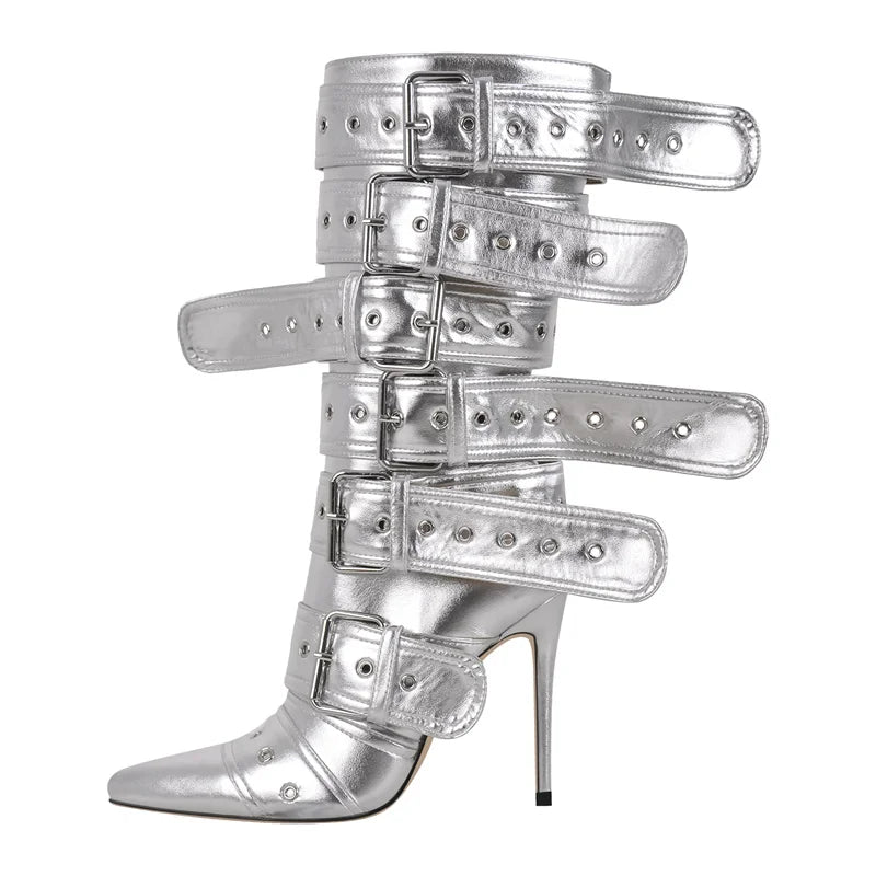 Onlymaker Women Pointed Toe Mid-Calf Boots Buckle Strap Thin High Heel Lady Zipper Female Stiletto Boots