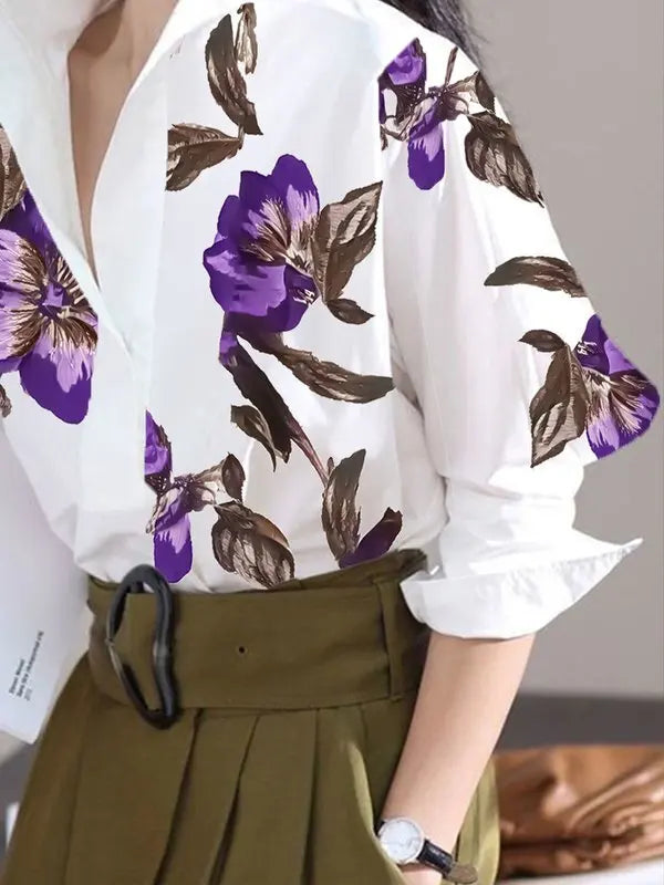Floral Print Blouse With Stand Collar Long Sleeves — White | KIMLUD
