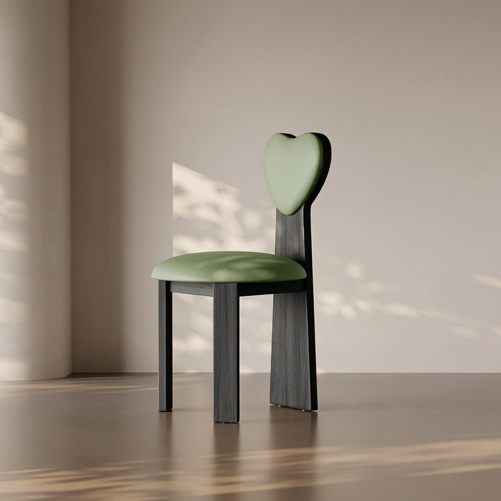 Green chair with heart-shaped backrest on a plain background, featuring MEA Chair brand.