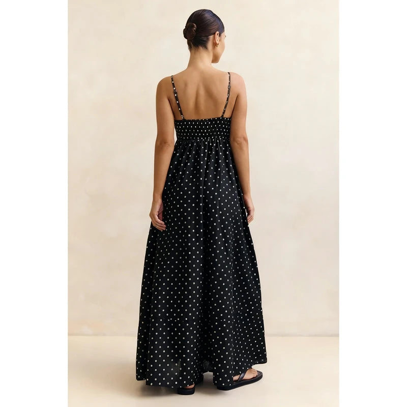 A-Line Dot Print Slip Dress Spaghetti Strap — Brown With White Dots | KIMLUD