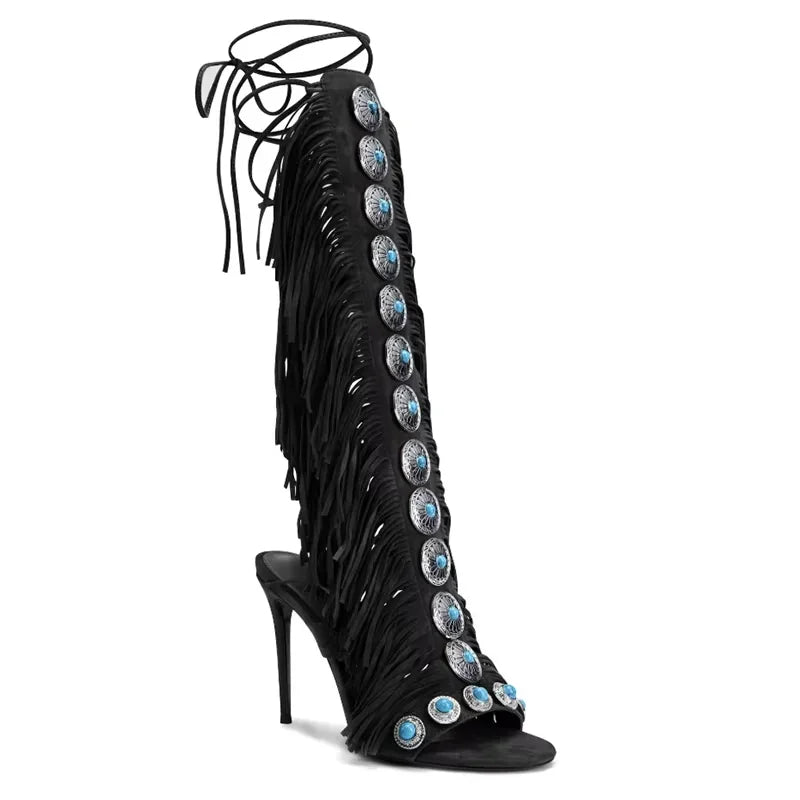 Lace-Up Peep-Toe Knee-High Sandals Microfiber Upper — Black | KIMLUD