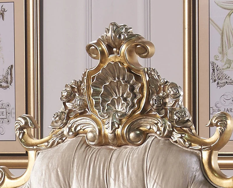 French Rococo Design Home Bedroom Gold Leaf Carving King Size Bed European Classic Luxury Golden Wooden Bedroom Furniture