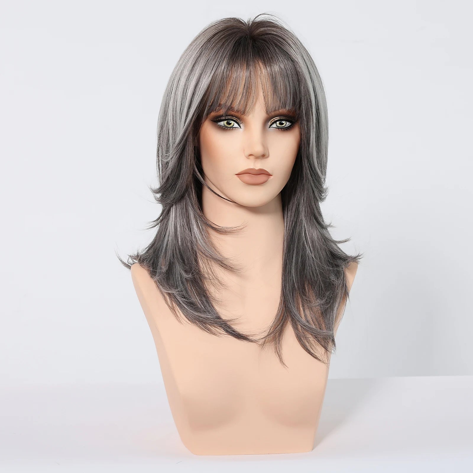 Wig – Medium-Length Layered Straight Bangs – Synthetic Hair – Grey | KIMLUD