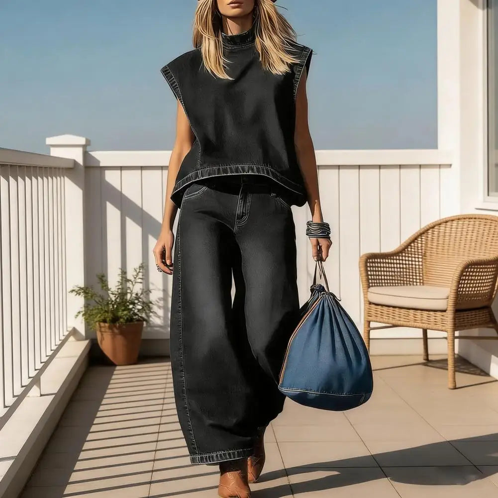 Denim Wide-Leg Two-Piece Set Vest and Trousers — Blue | KIMLUD