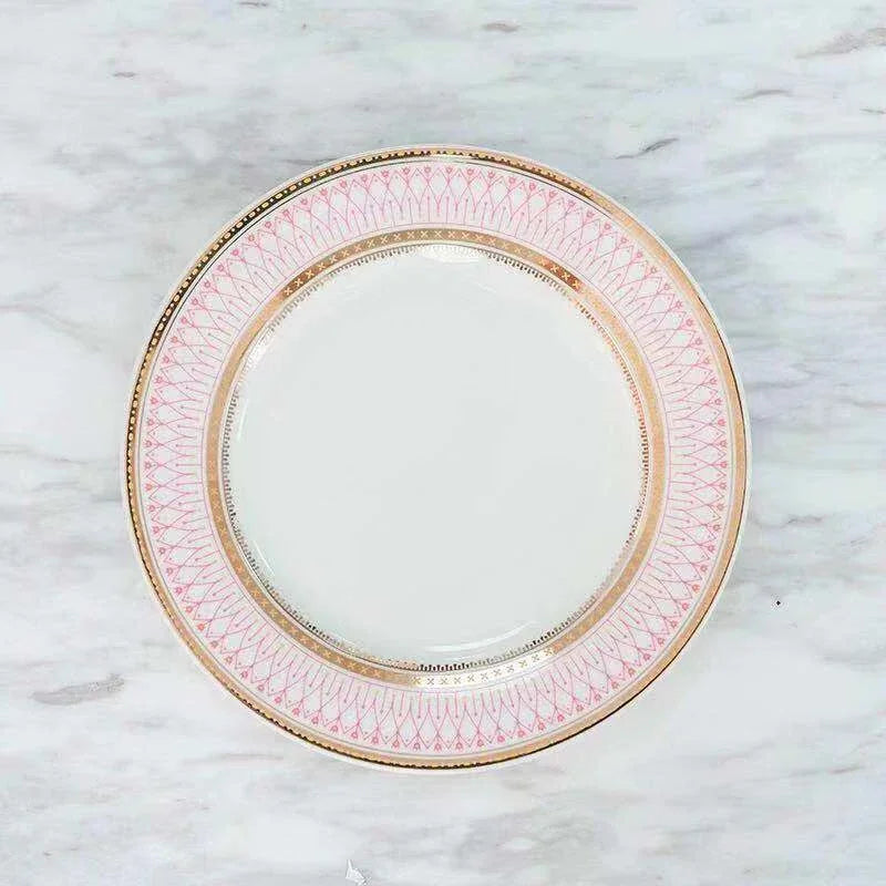 Ceramic European Style Dessert Plate With Gold Rim And Subtle Depth — White | KIMLUD