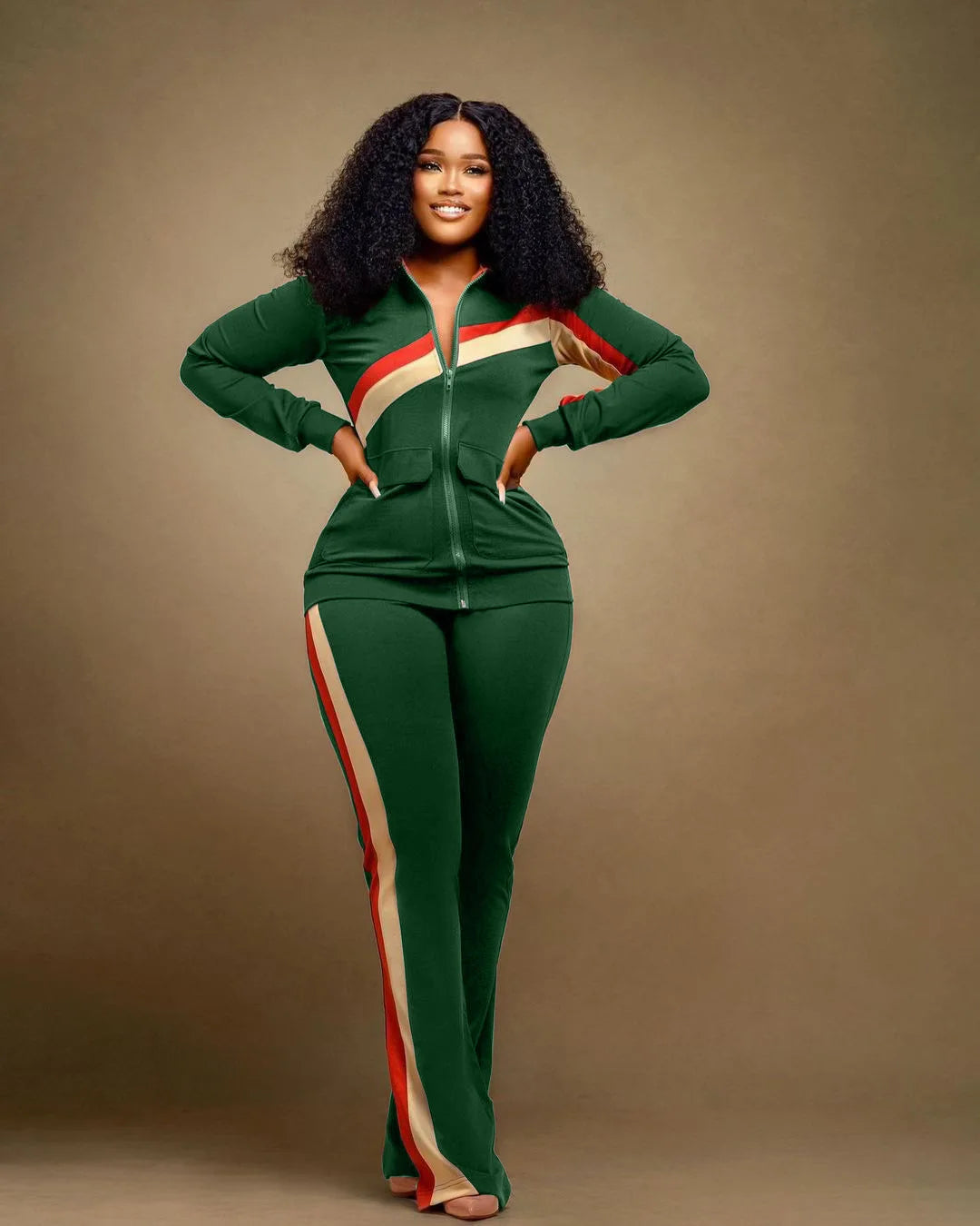 Custom LOGO Spring Women's Sports Casual Fashion Color-matching Pocket Lapel Zipper Top Straight Pants Two-piece Set S-4XL