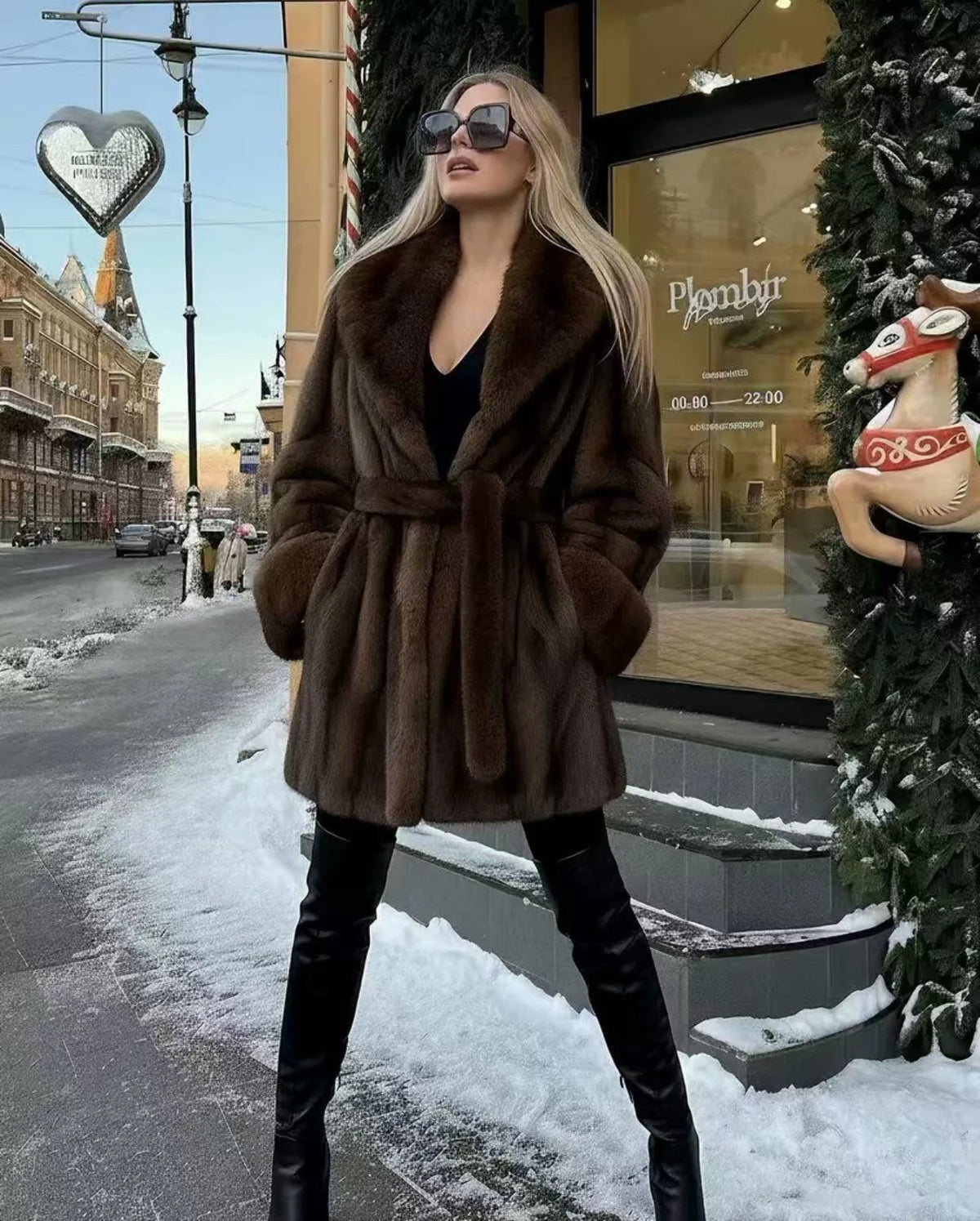 Faux Mink Fur Coat – Wrap Belted Lapel Collar – Mid Length – Brown | KIMLUD