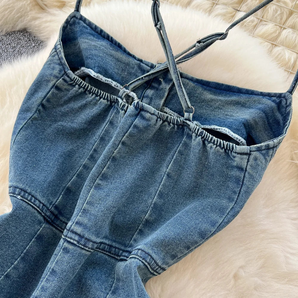 Denim-Inspired Polyester Long Dress Strapless A-Line Silhouette With Sculpted Draping — Blue | KIMLUD